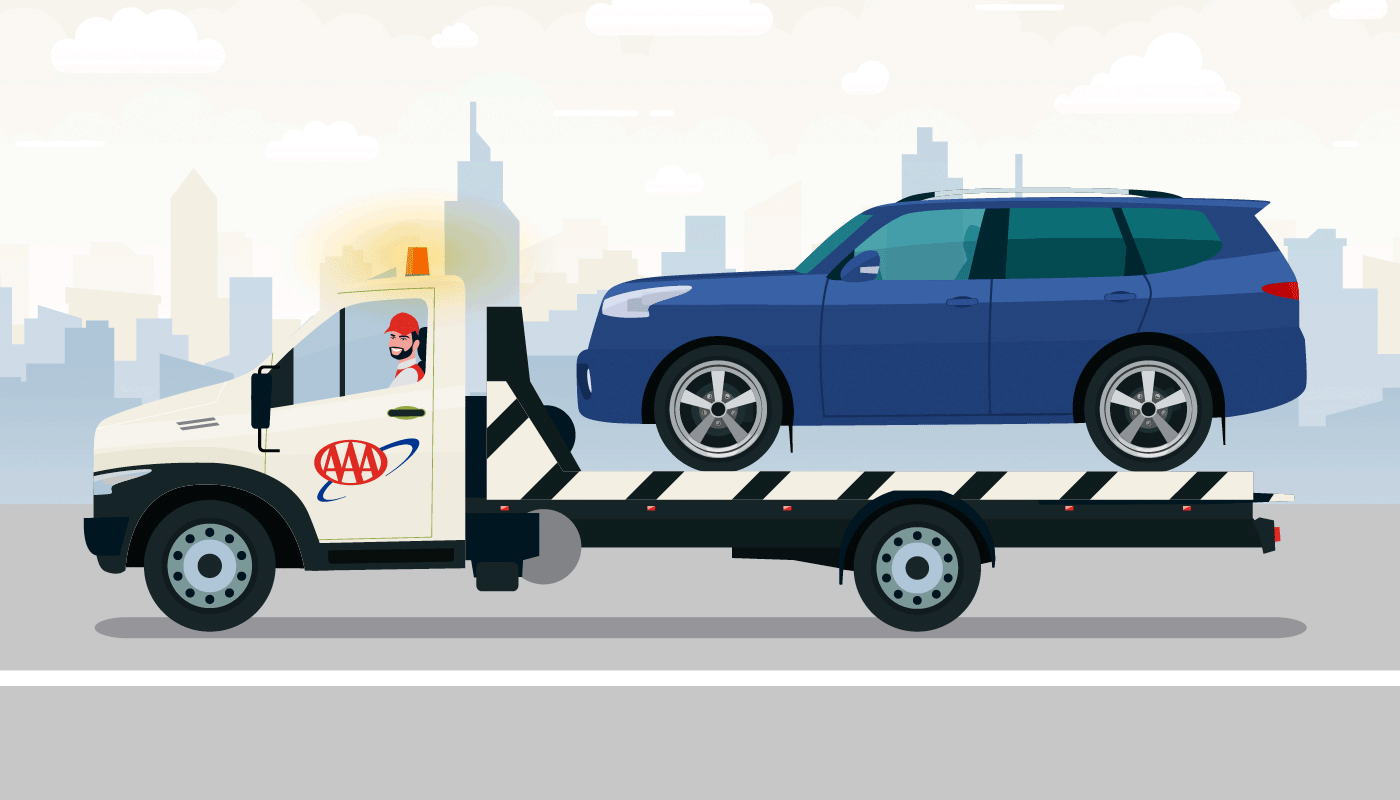 A graphic image of a AAA tow truck with a blue SUV on the back