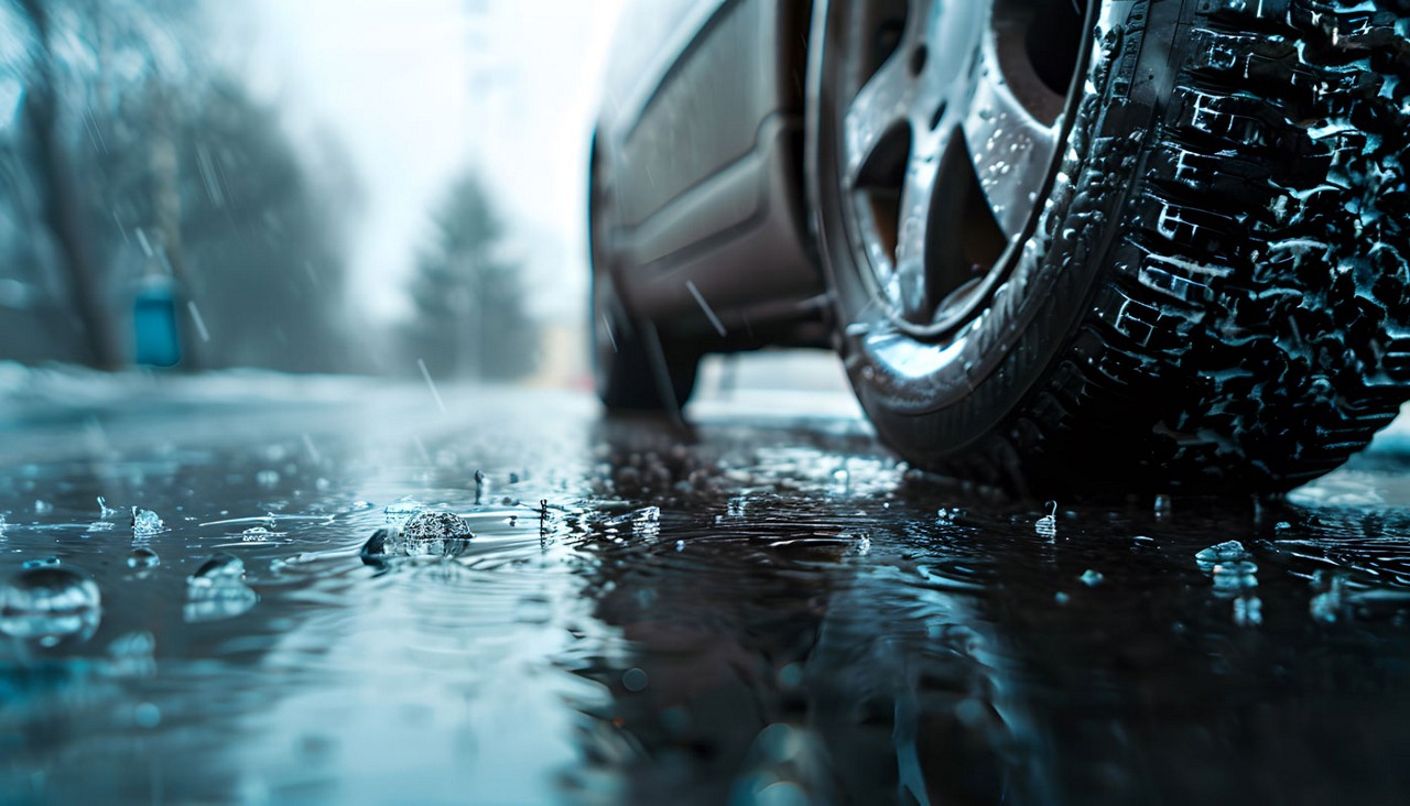 Up close view of a winter tire parked on an icy road.