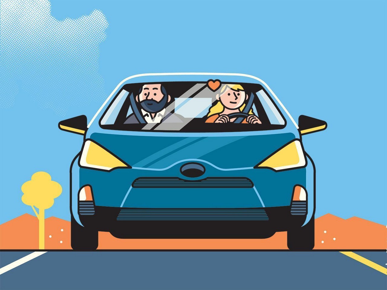 An illustration of a car with a father in the passenger seat and his young driver-age daughter behind the wheel