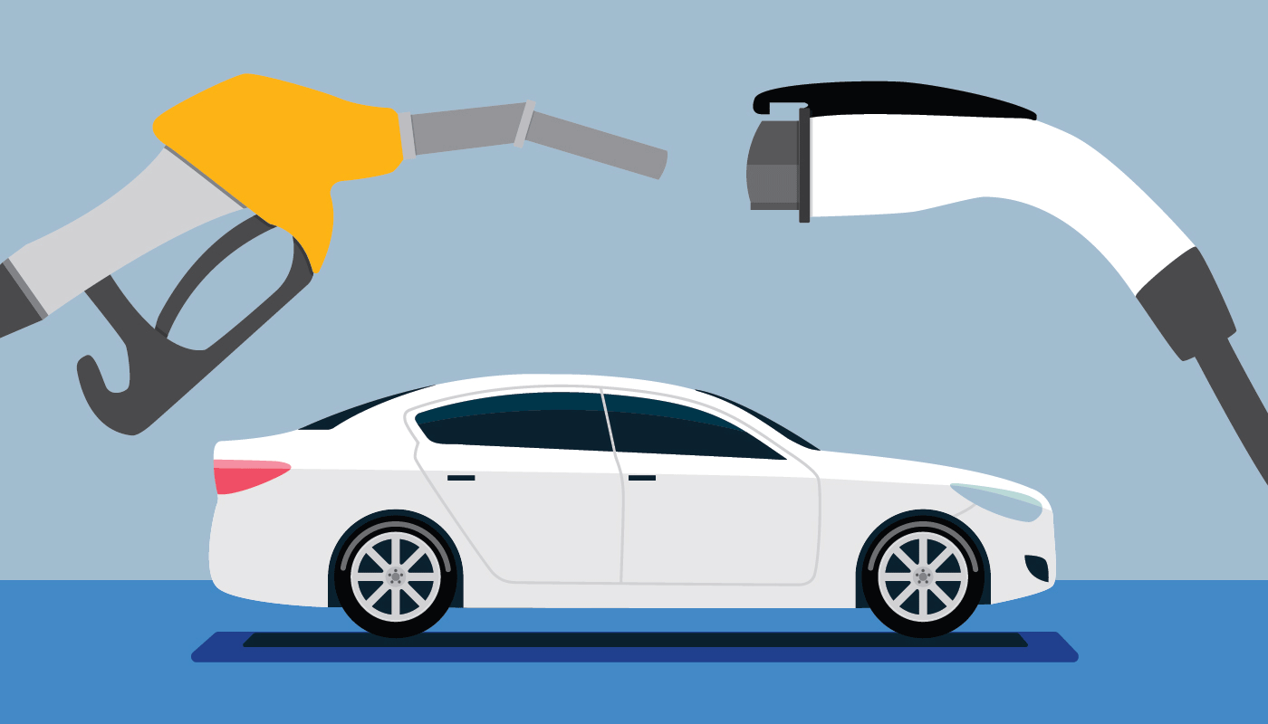A gif illustrating the difference between a car fueled by electric vs one fueled by gasoline.