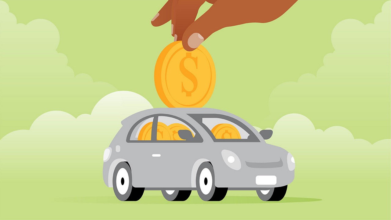 A graphic of someone putting coins into the top of a car.