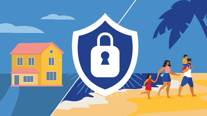 A gif showing a couple leaving their home and traveling to a beach vacation.