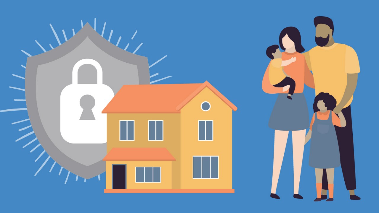 A graphic of a family next to their home with a large security lock symbolizing their home protection