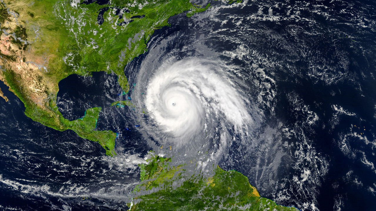 A global map view of a large hurricane located in the Atlantic Ocean