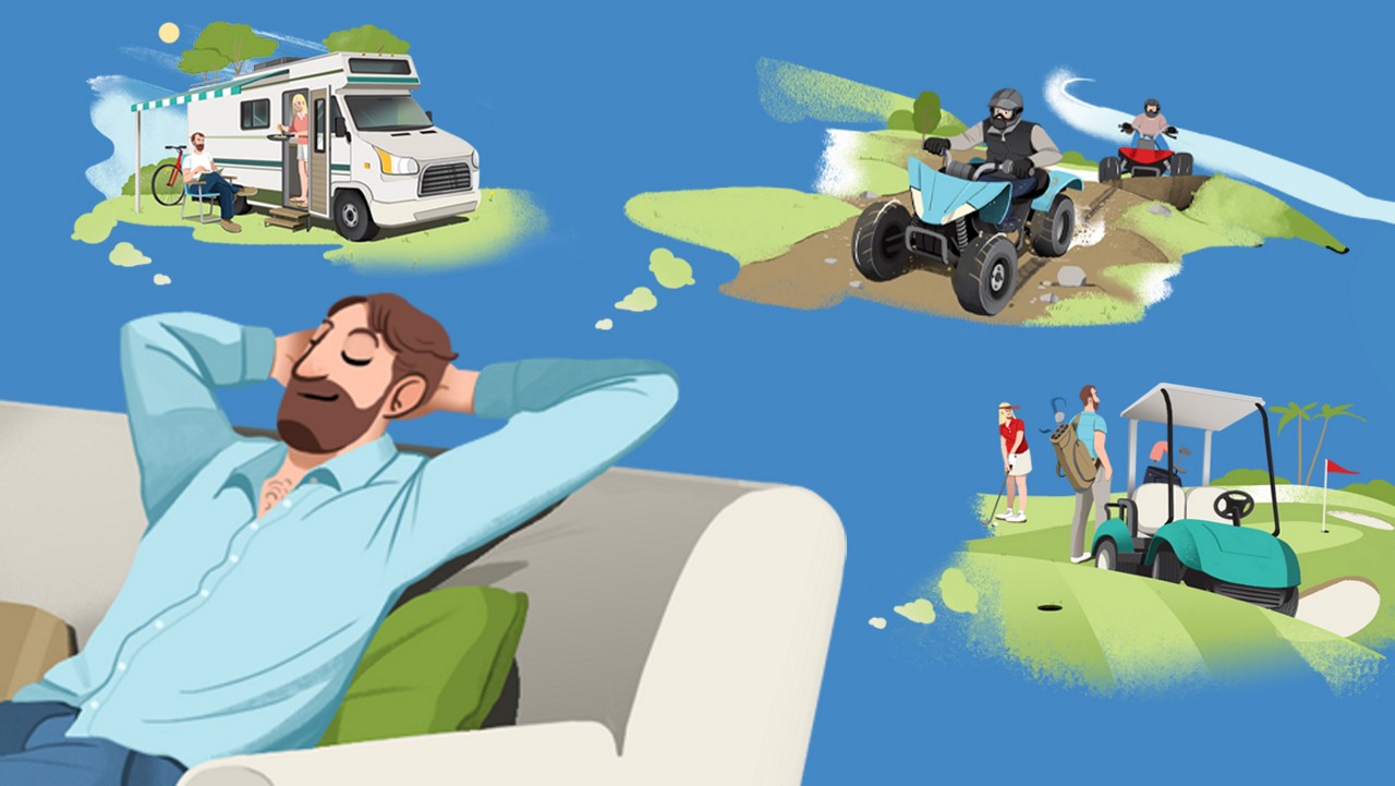Graphic of a man thinking about his RV, ATV and golf cart