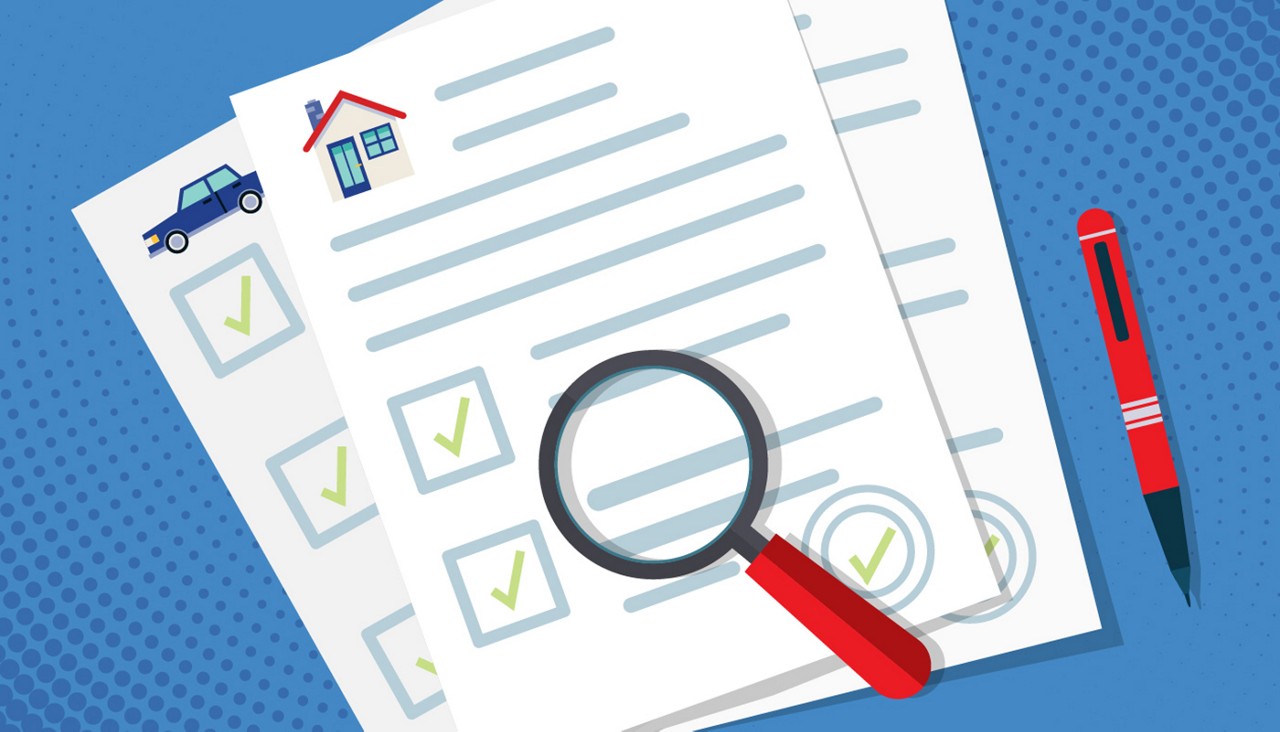 Graphic of insurance policies for home and auto with a pen and magnifying glass.