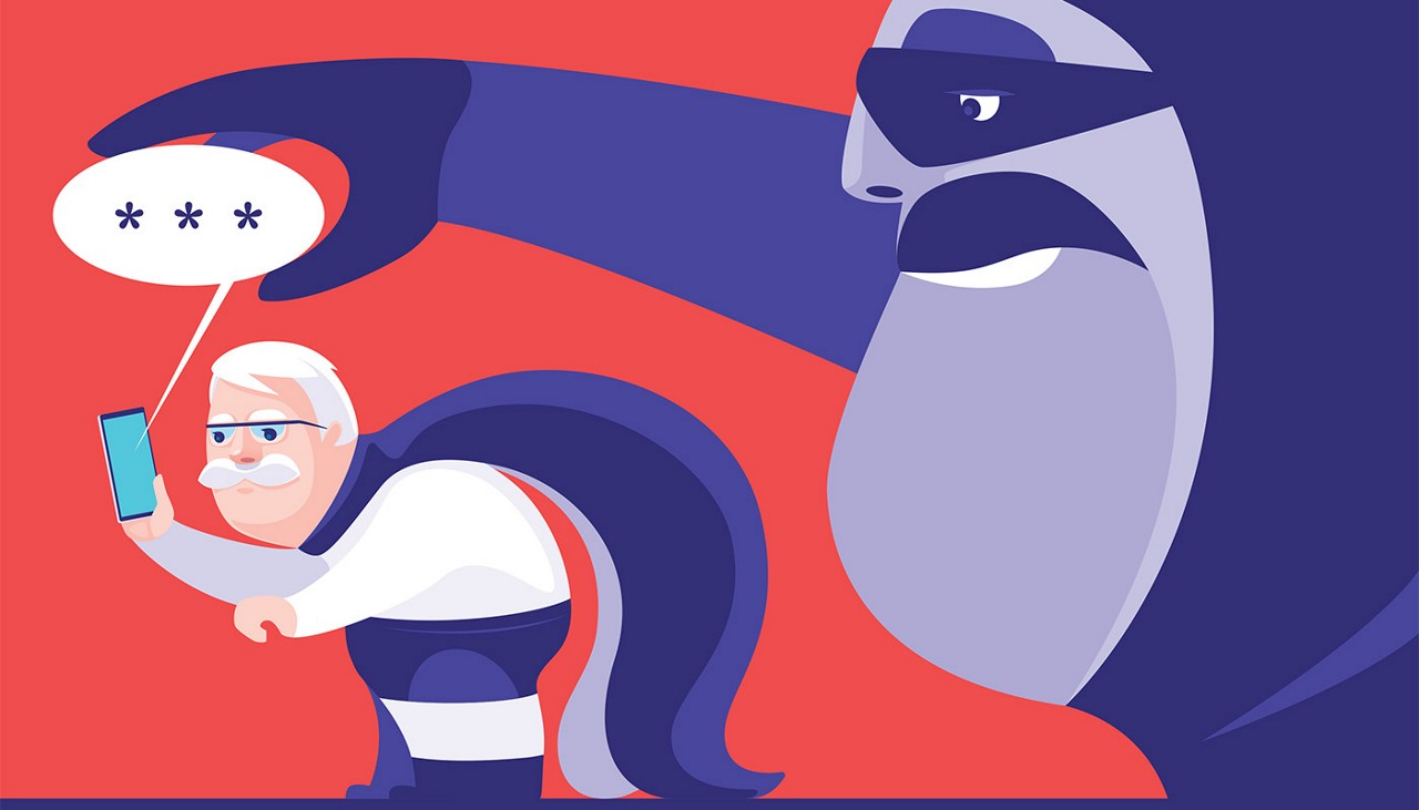 Illustration of masked criminal hovering behind a senior citizen holding a smartphone and wearing a cape