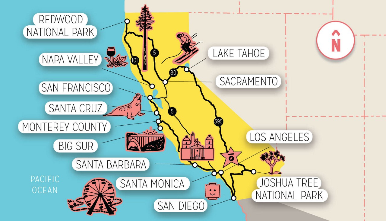 An illustrative map of California, highlighting the Redwood National Park, Napa Valley, San Francisco, Santa Cruz, Monterey County, Big Sur, Santa Barbara, Santa Monica, San Diego, Joshua Tree National Park, Los Angeles, Sacramento and Lake Tahoe. 