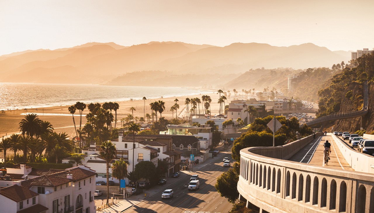 A row of houses and palm trees by the beach at sunrise. 