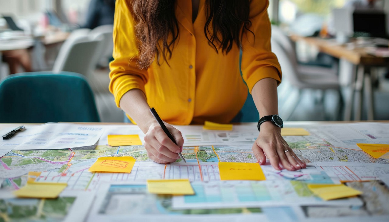 Woman strategizing with map and sticky notes