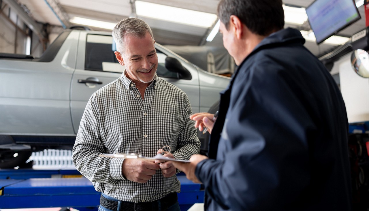 Happy man leaving his car at the garage and smiling while talking to the mechanic